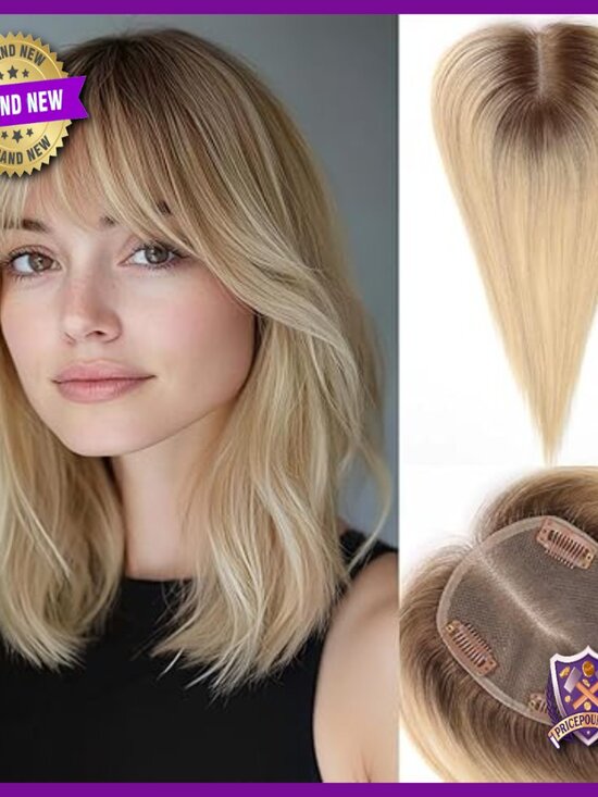 Real Human Hair Topper with Bangs, Hand-Woven, Adds Volume, Covers Gray